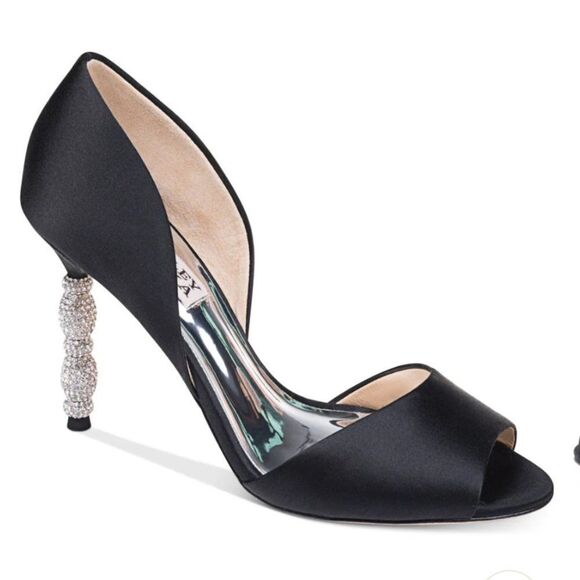 Badgley Mischka Black Satin Heels with Silver Accents - Picture 1 of 5